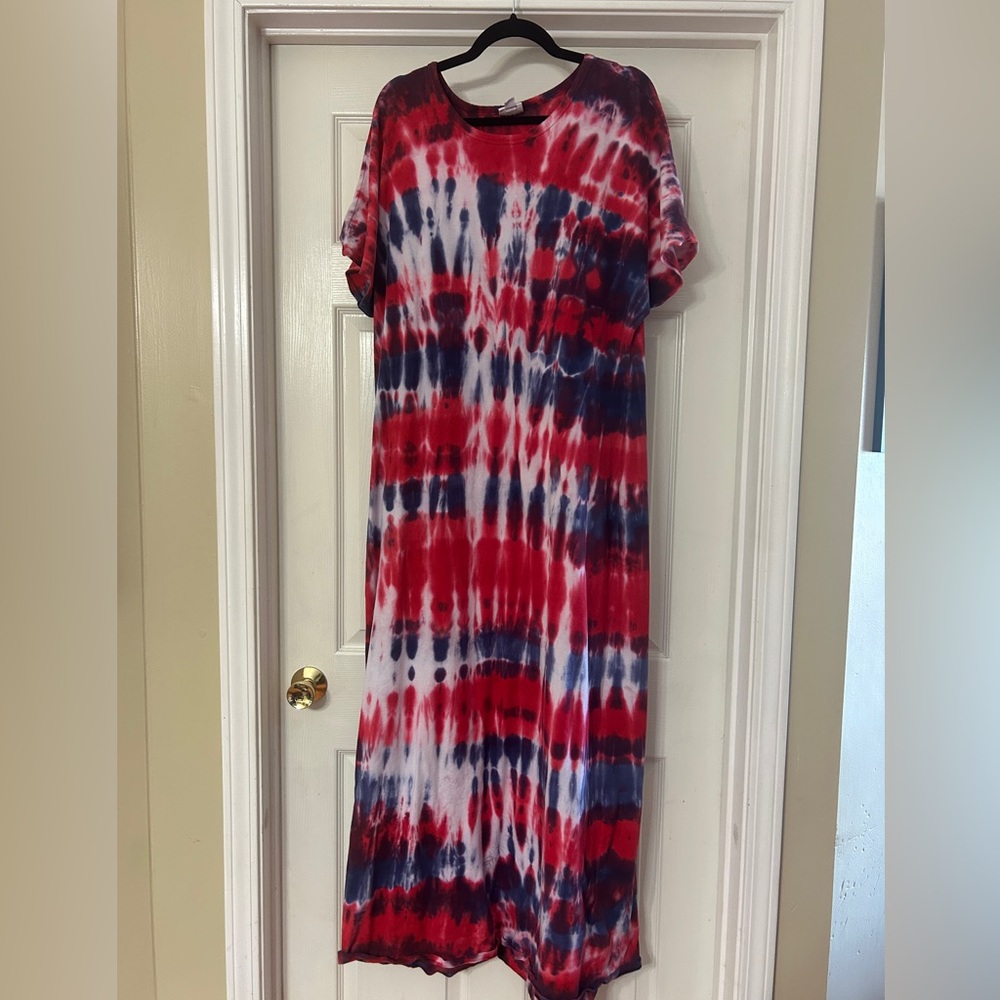 LuLaRoe Red White and Blue Tie-Dye Maxi Dress